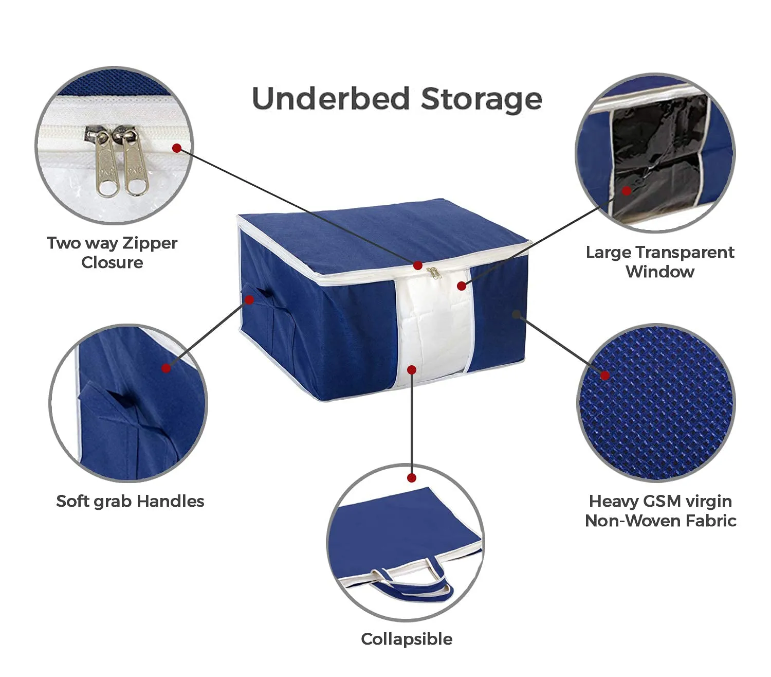 Kuber Industries Underbed Storage Bag|Blanket Cover|Wardrobe Organizer For clothes|Comforter Cover|Pack of 6 (Navy Blue)