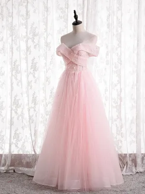 Light Pink Tulle Off the Shoulder Beading Prom Dress