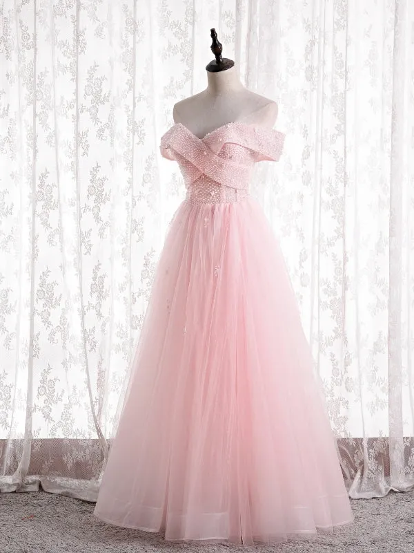 Light Pink Tulle Off the Shoulder Beading Prom Dress