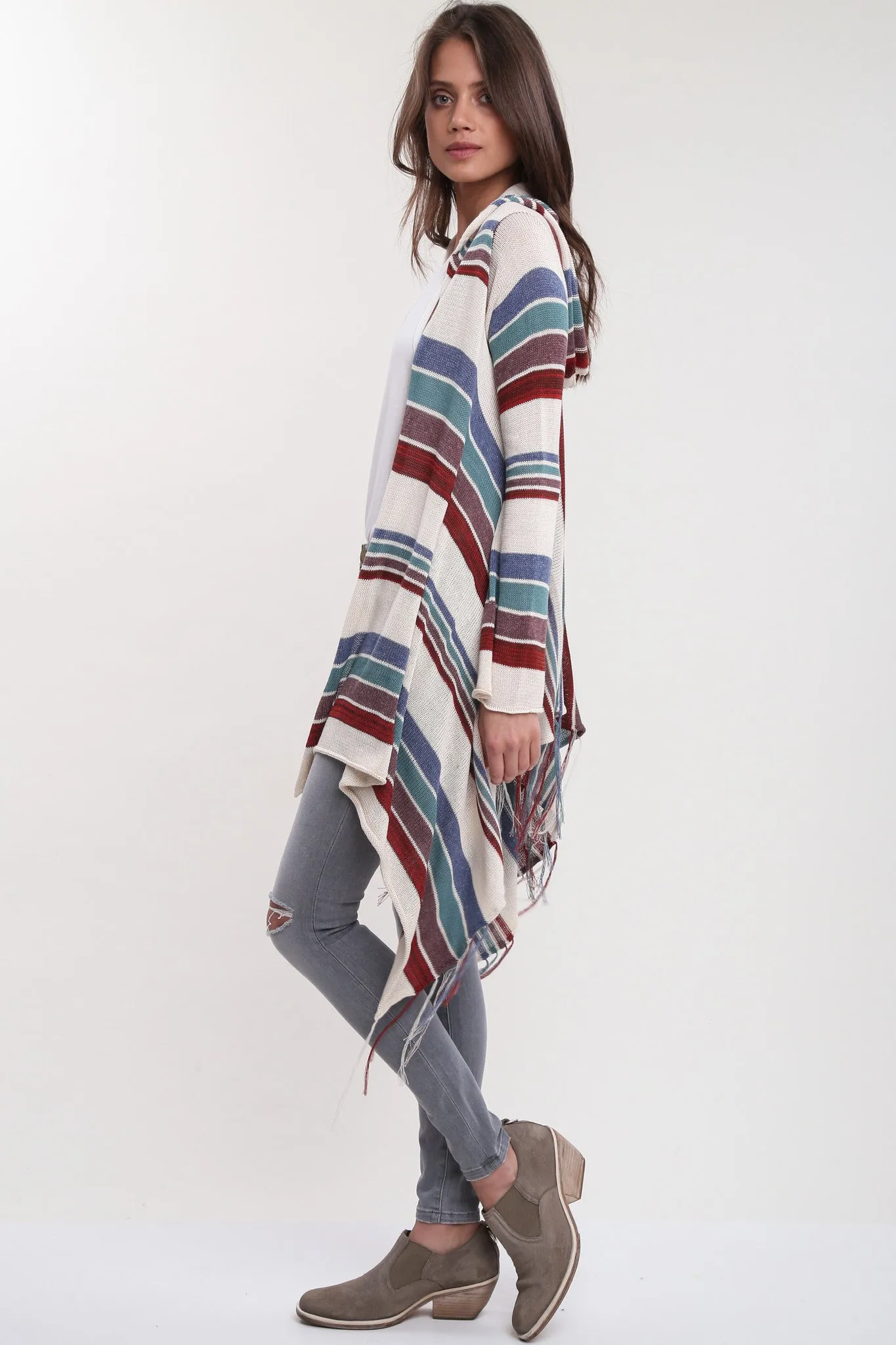 Linsey Hooded Wrap Sweater with Fringe in Paradise Cove