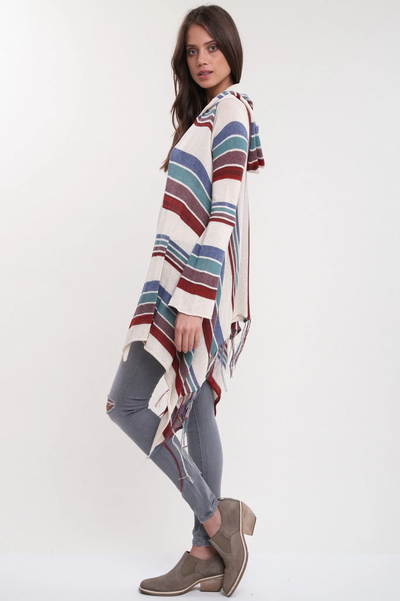 Linsey Hooded Wrap Sweater with Fringe in Paradise Cove