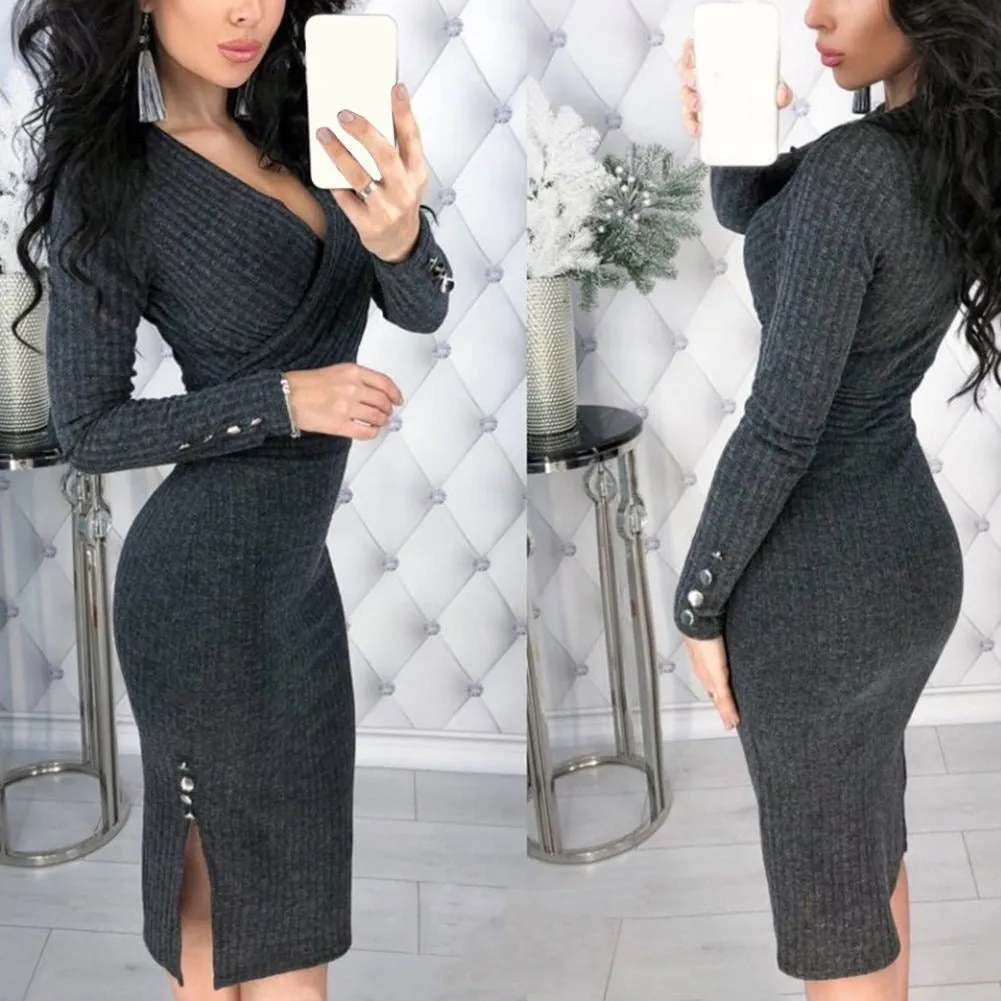 Long sleeve sexy deep V-neck rivet buttoned hip dress