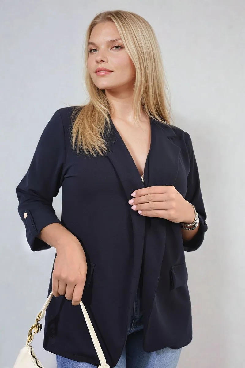 Longline Open Front Blazer Jacket with Front Pockets