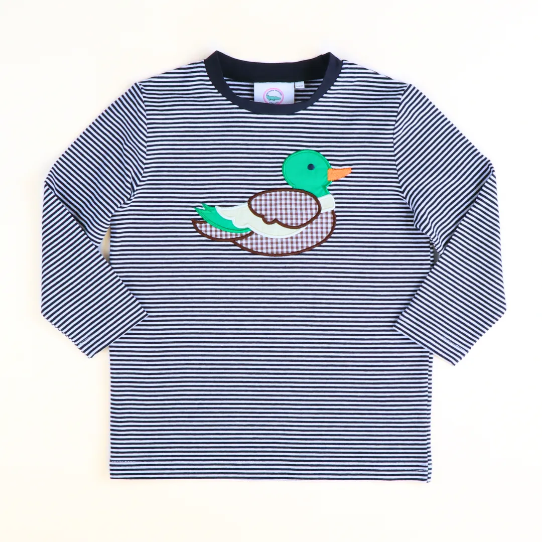 L/S Appliqué Shirt - Mallard - Navy Blue & White Thin Stripe