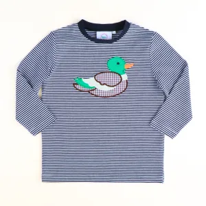 L/S Appliqué Shirt - Mallard - Navy Blue & White Thin Stripe