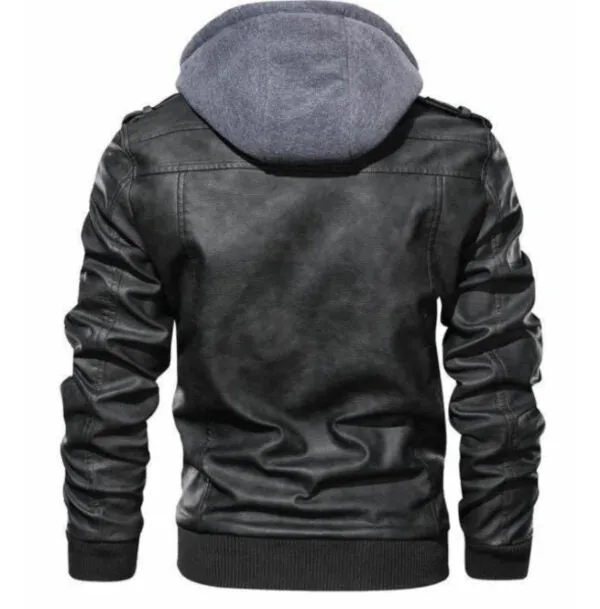 Men Black Leather Bomber Style Leather Jacket With Hoodie, Baseball Jackets