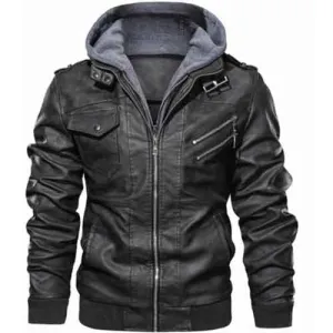 Men Black Leather Bomber Style Leather Jacket With Hoodie, Baseball Jackets