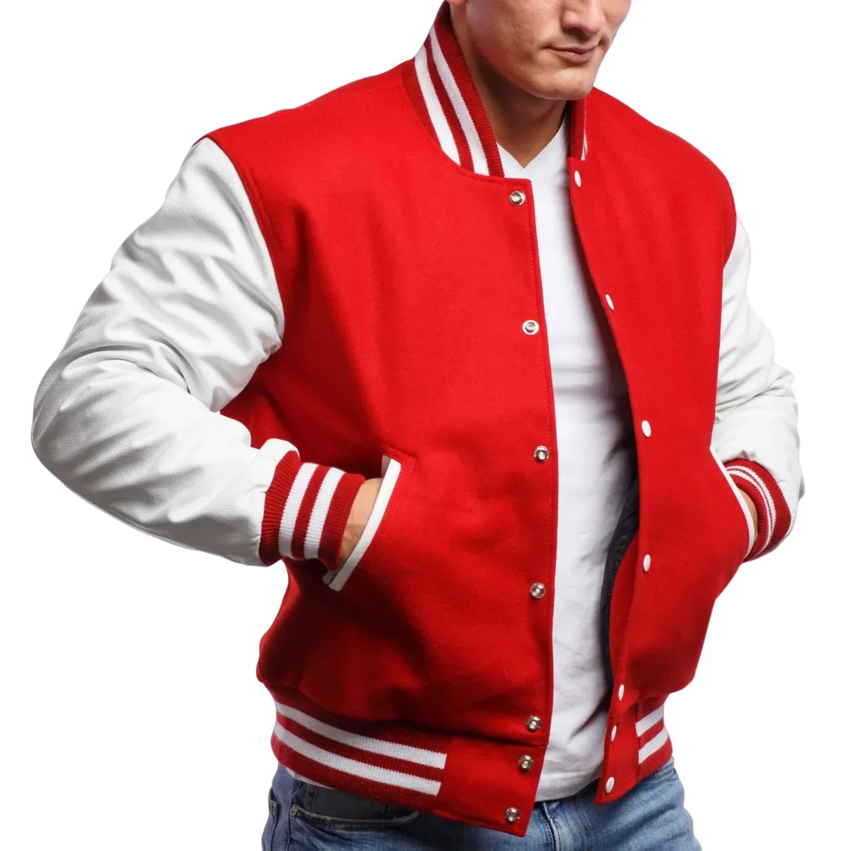 Mens Red And White Leather Varsity Jacket