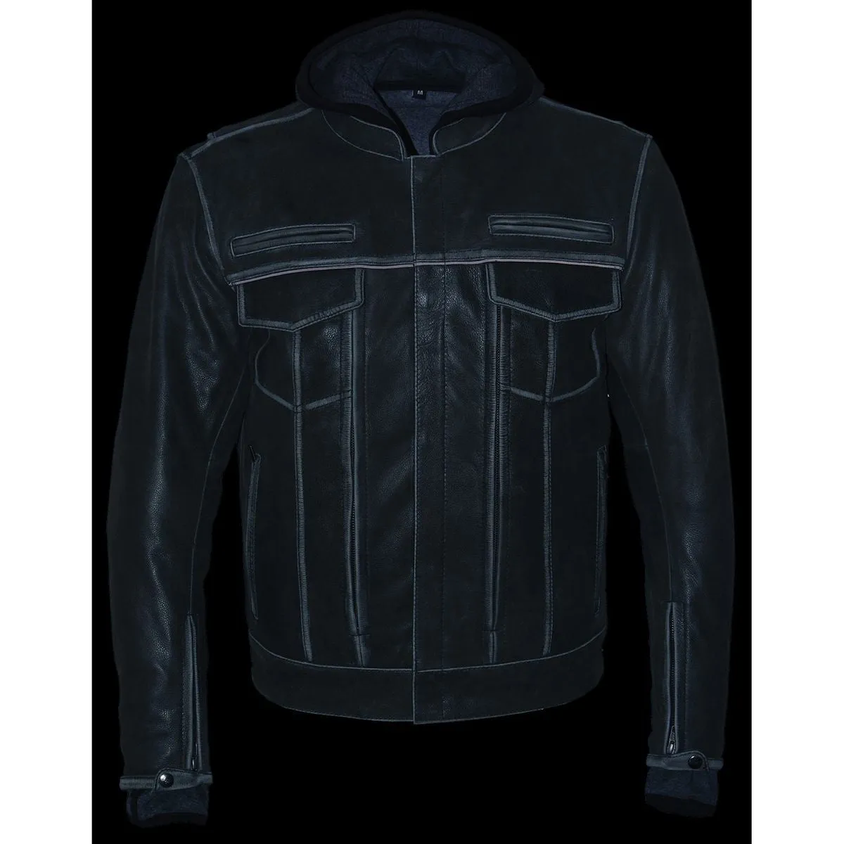 Milwaukee Leather MLM1539 Men's Distressed Grey Leather ‘Utility Pocket’ Vented Jacket with Removable Hoodie