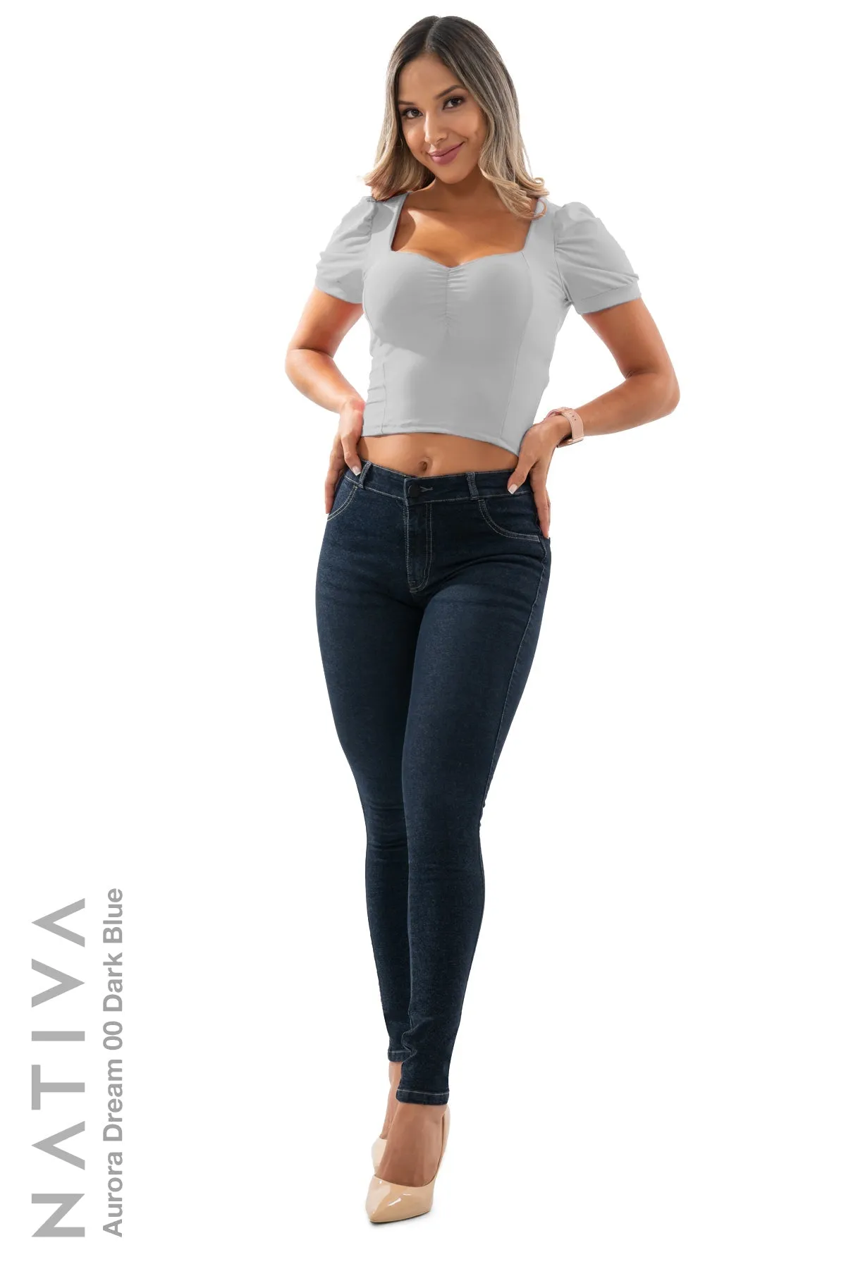 NATIVA, STRETCH JEANS. AURORA DREAM 00 DARK BLUE, High Shaping Capacity, Ultra Comfy, 24-Hour Wear, Mid-Waisted Super Skinny Jeans