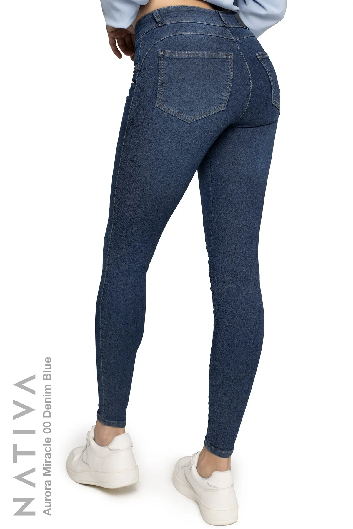 NATIVA, STRETCH JEANS. AURORA MIRACLE 00 DENIM BLUE,  High Shaping Capacity, Extreme Motion, Mid-Waisted Super Skinny Jeans