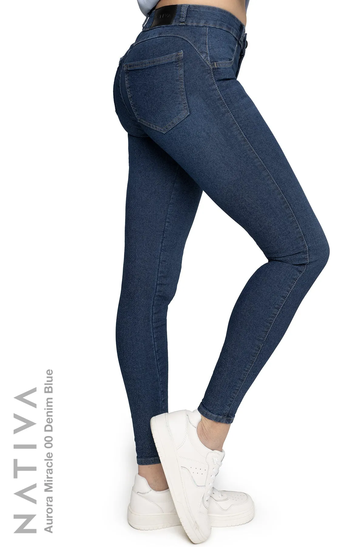 NATIVA, STRETCH JEANS. AURORA MIRACLE 00 DENIM BLUE,  High Shaping Capacity, Extreme Motion, Mid-Waisted Super Skinny Jeans