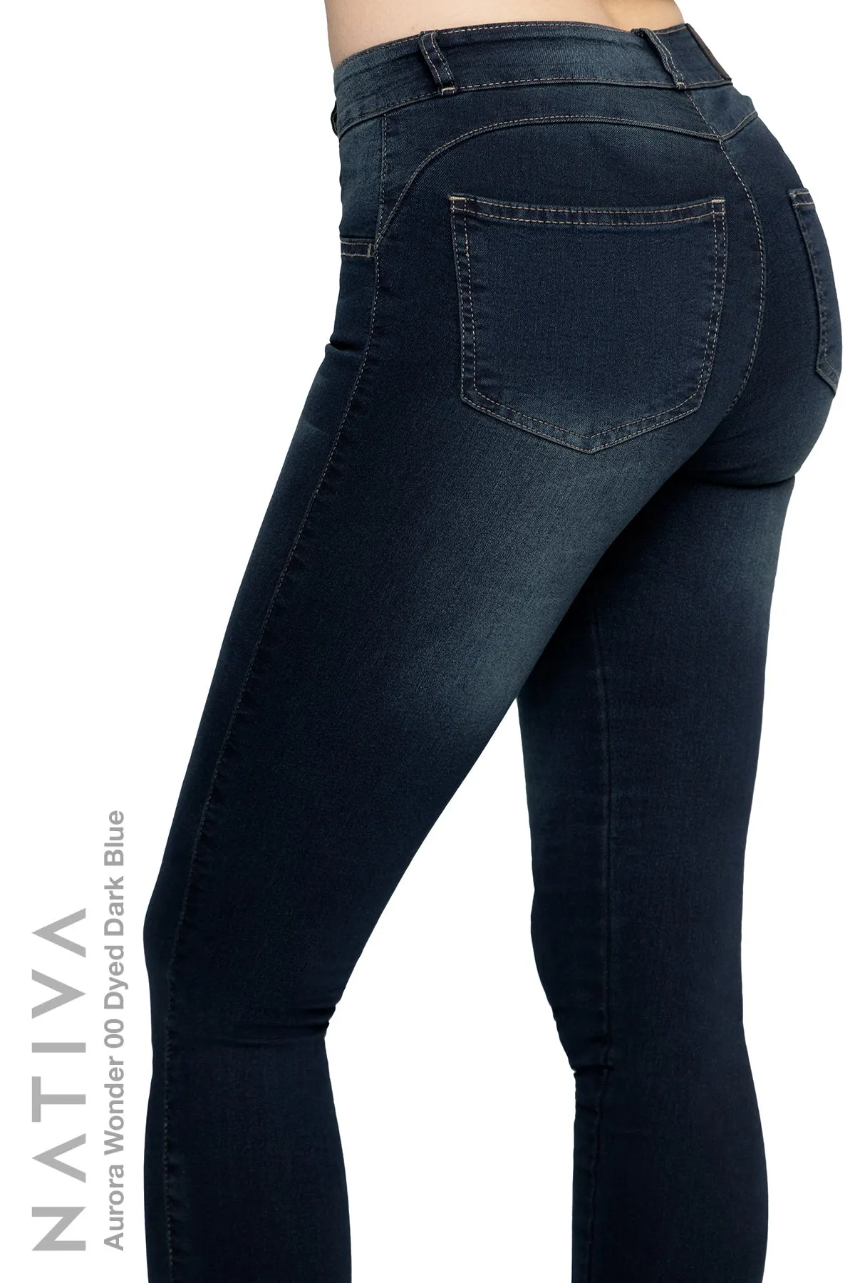 NATIVA, STRETCH JEANS. AURORA WONDER 00 DYED DARK BLUE, High Shaping Capacity & Firming, Casual Everyday Look, Mid-Waisted Super Skinny Jeans