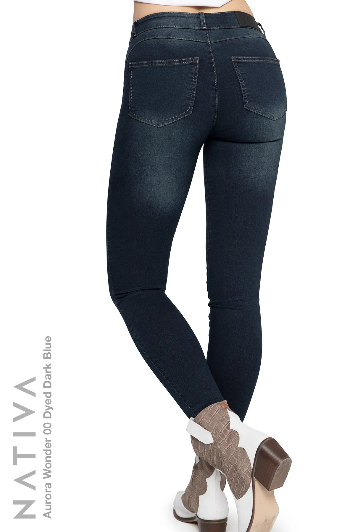 NATIVA, STRETCH JEANS. AURORA WONDER 00 DYED DARK BLUE, High Shaping Capacity & Firming, Casual Everyday Look, Mid-Waisted Super Skinny Jeans