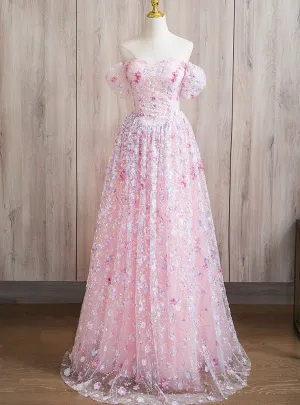 Pink Sequins Off the Shoulder Flower Prom Dress