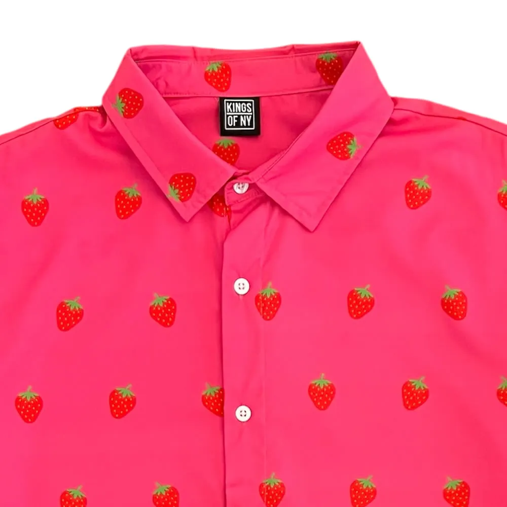 Pink Strawberry Fruit Print Men’s Short Sleeve Button Down Shirt