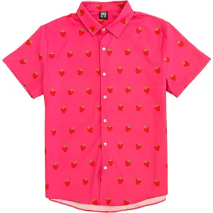 Pink Strawberry Fruit Print Men’s Short Sleeve Button Down Shirt