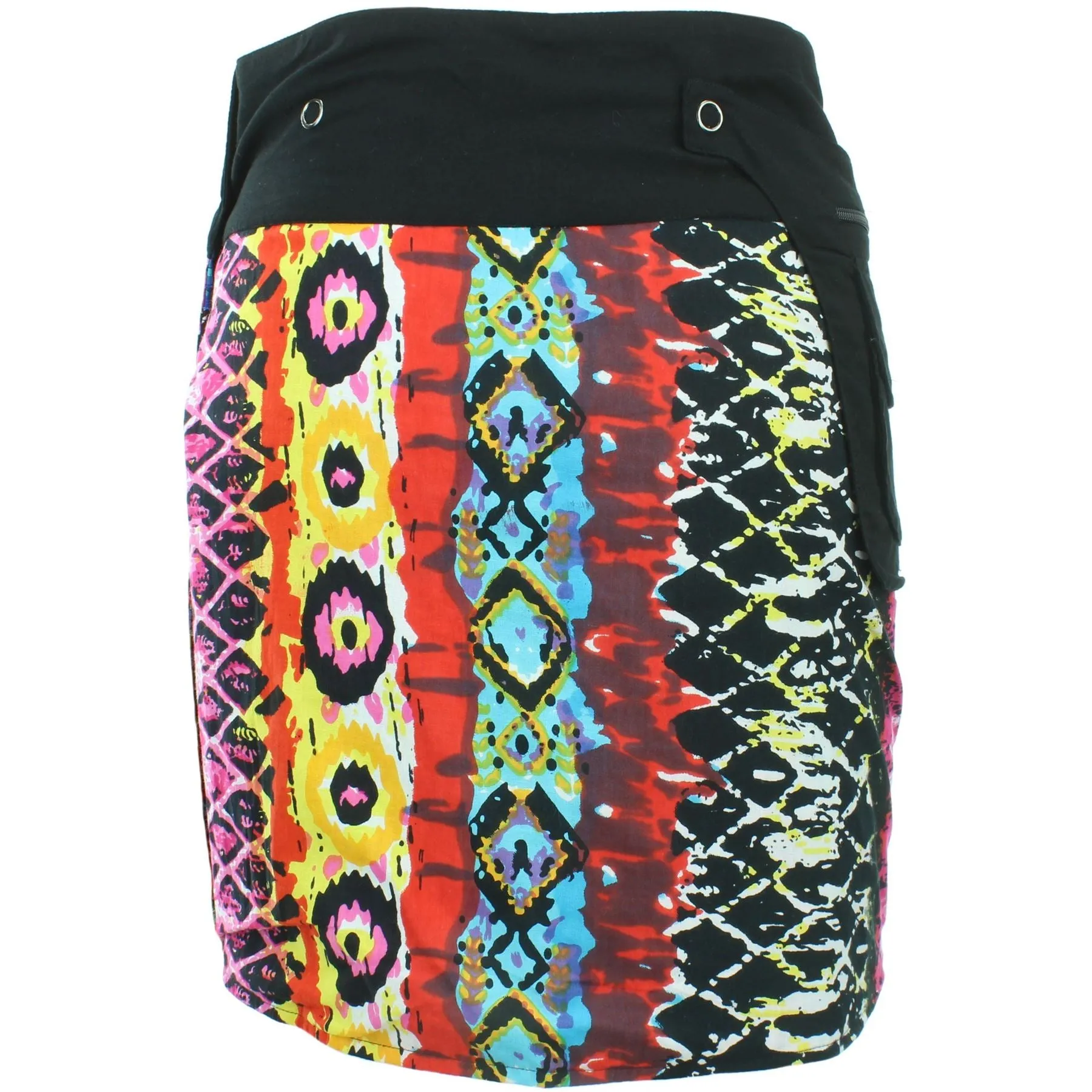 Reversible Popper Wrap Knee Length Skirt - Multi Patch Strips / Psychedelic Snakeskin