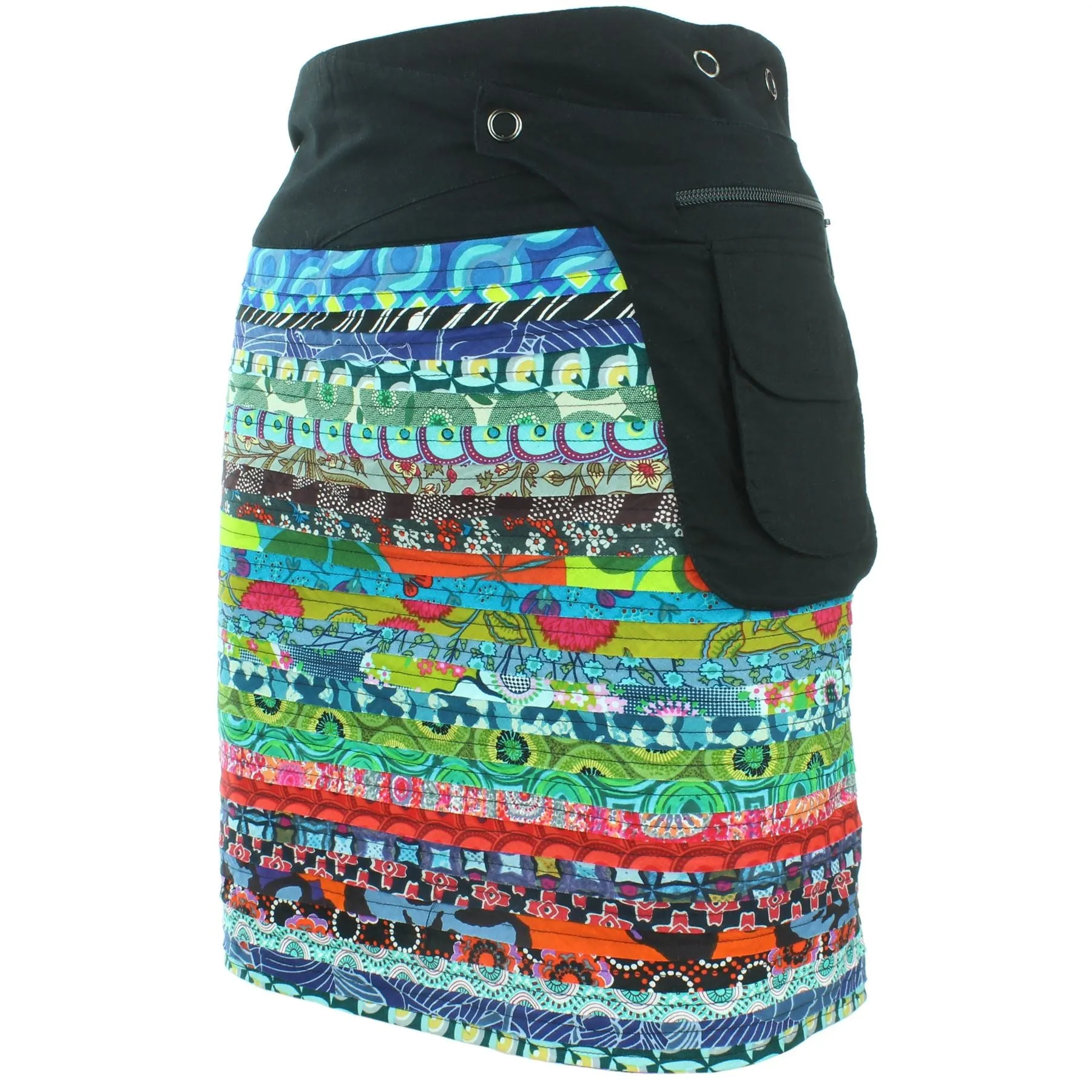 Reversible Popper Wrap Knee Length Skirt - Multi Patch Strips / Psychedelic Snakeskin