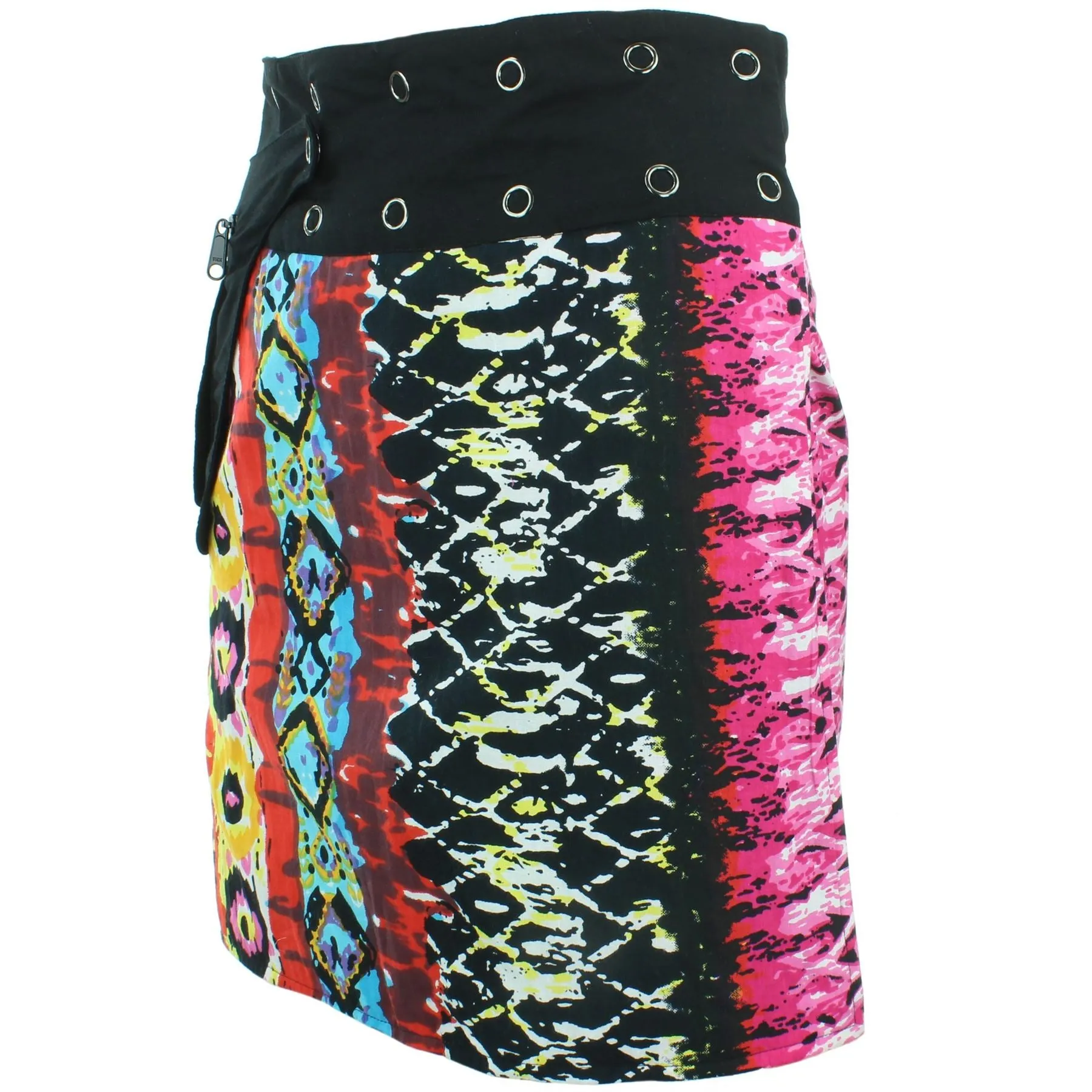 Reversible Popper Wrap Knee Length Skirt - Multi Patch Strips / Psychedelic Snakeskin