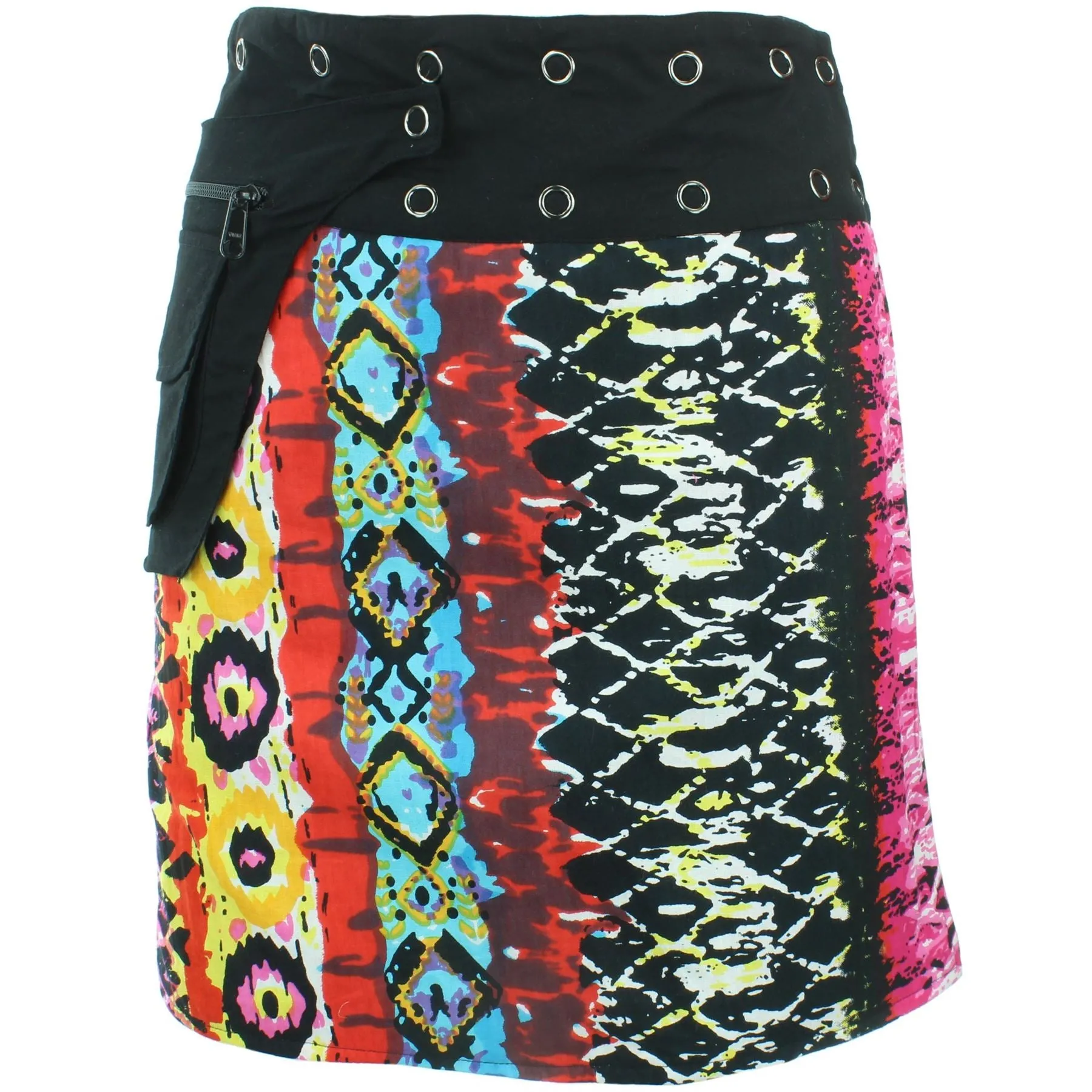 Reversible Popper Wrap Knee Length Skirt - Multi Patch Strips / Psychedelic Snakeskin