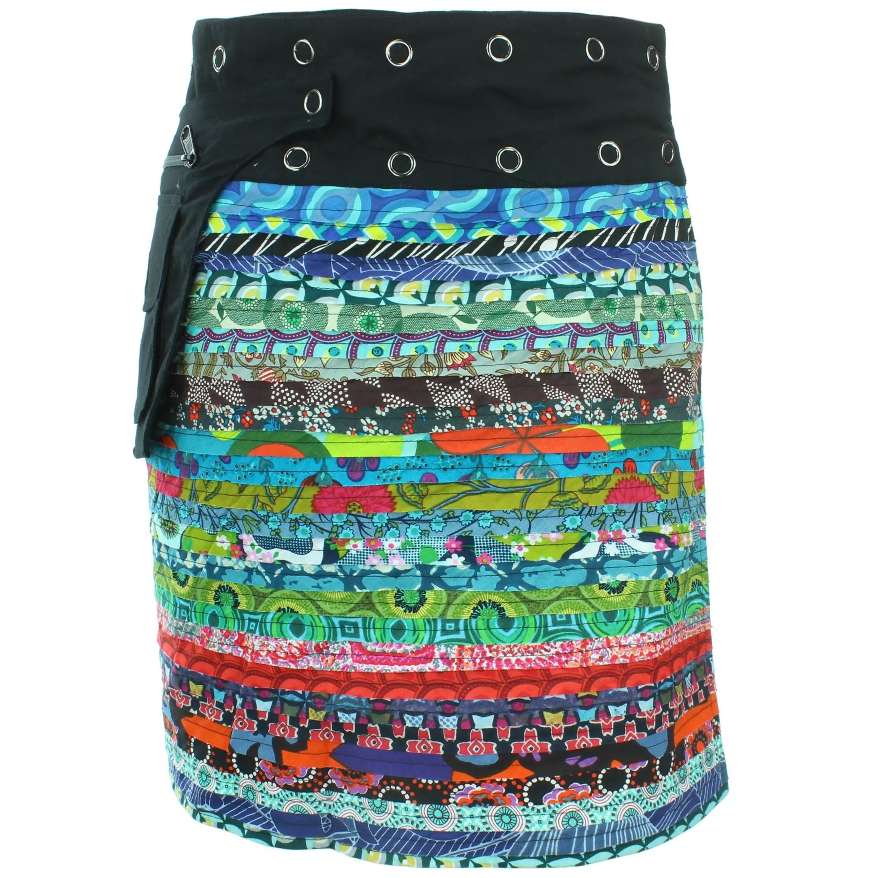 Reversible Popper Wrap Knee Length Skirt - Multi Patch Strips / Psychedelic Snakeskin