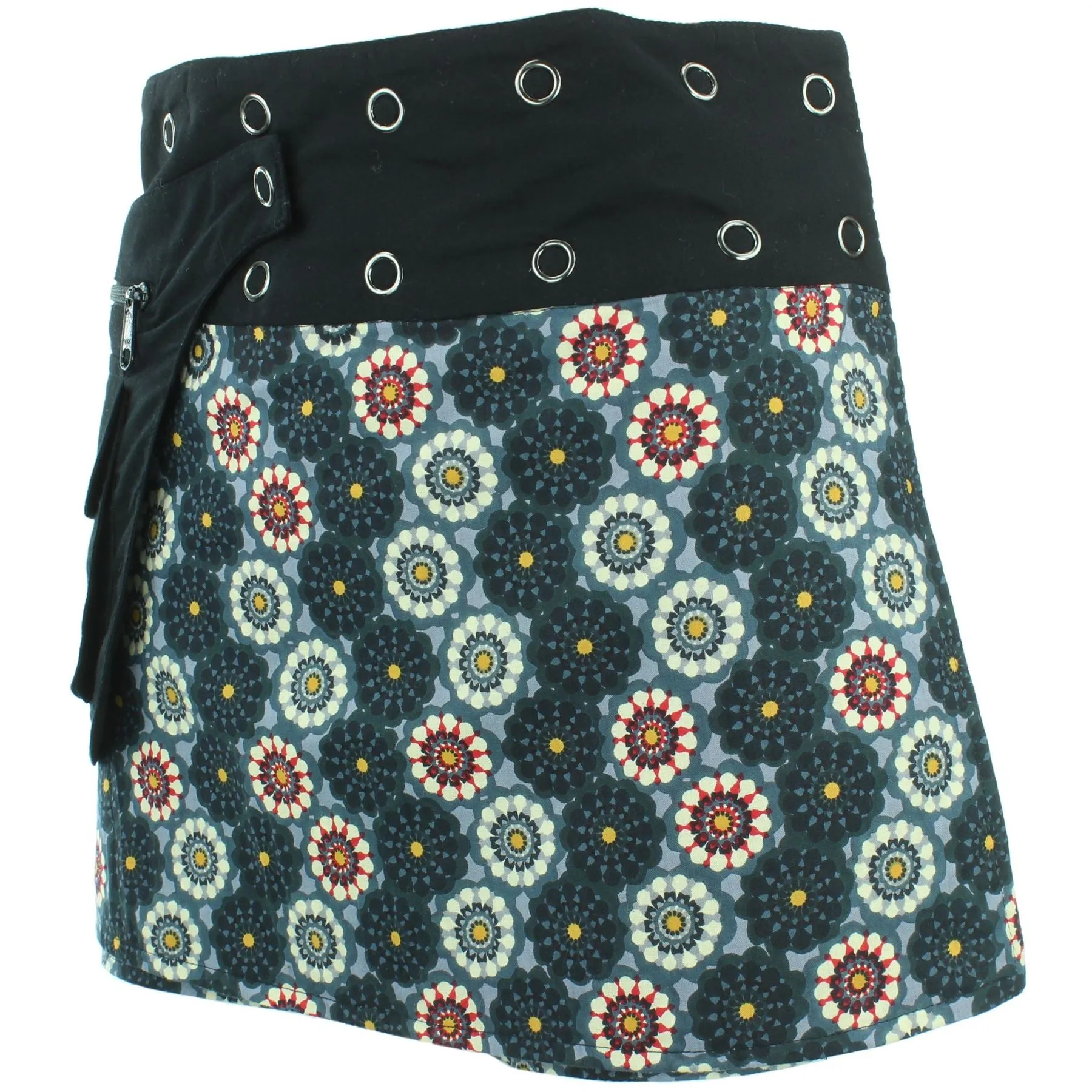 Reversible Popper Wrap Mini Skirt - Black Patch Strips / Kaleidoscope