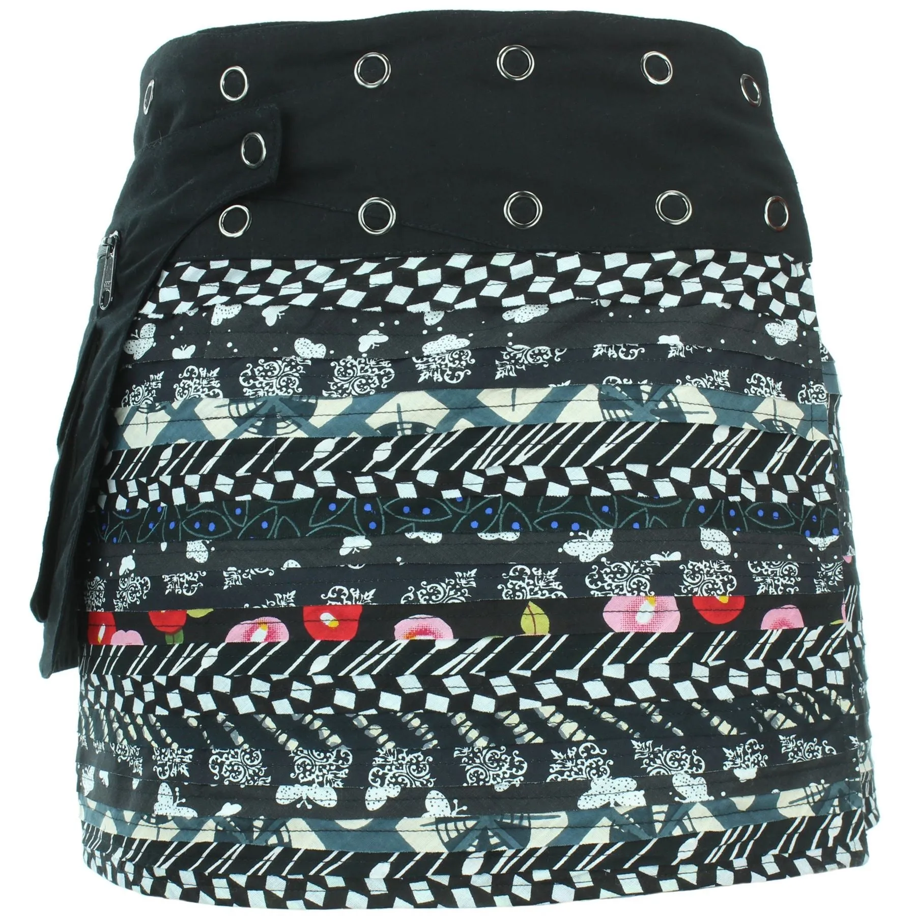 Reversible Popper Wrap Mini Skirt - Black Patch Strips / Kaleidoscope