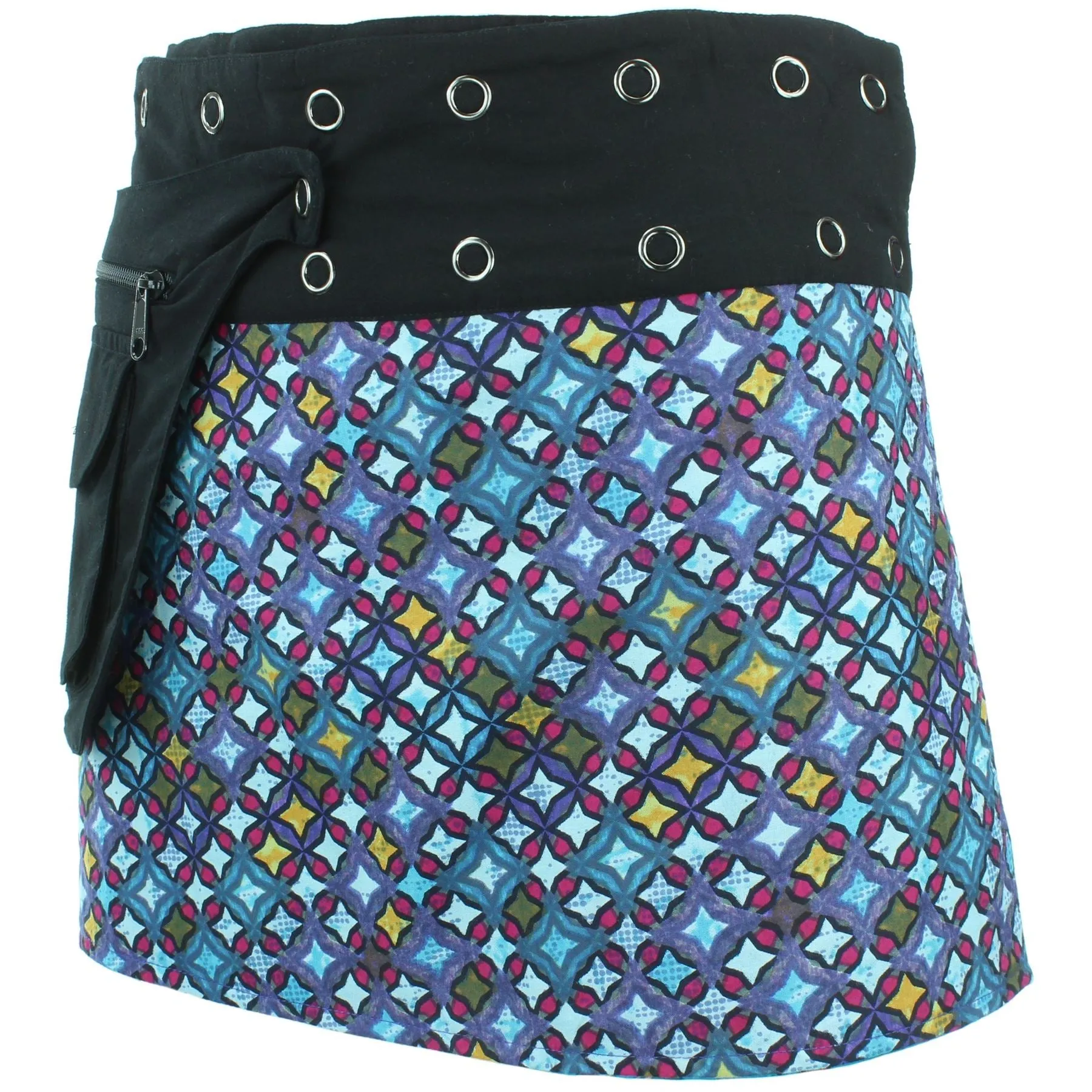 Reversible Popper Wrap Mini Skirt - Blue Patch Strips / Diamond Block