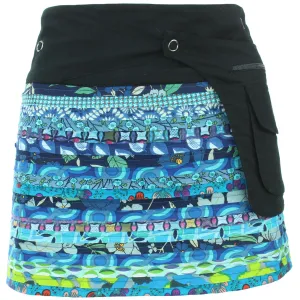 Reversible Popper Wrap Mini Skirt - Blue Patch Strips / Diamond Block