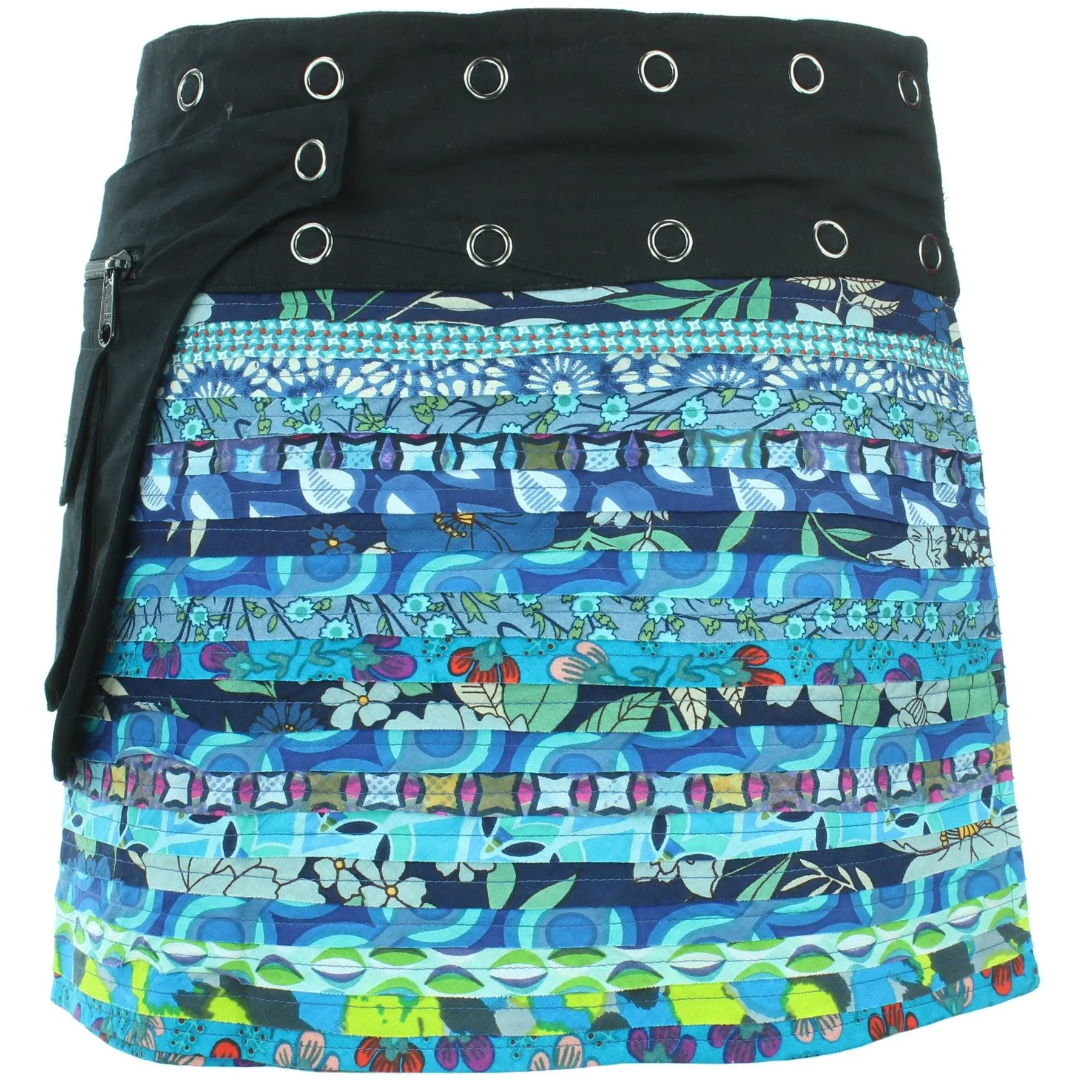 Reversible Popper Wrap Mini Skirt - Blue Patch Strips / Diamond Block