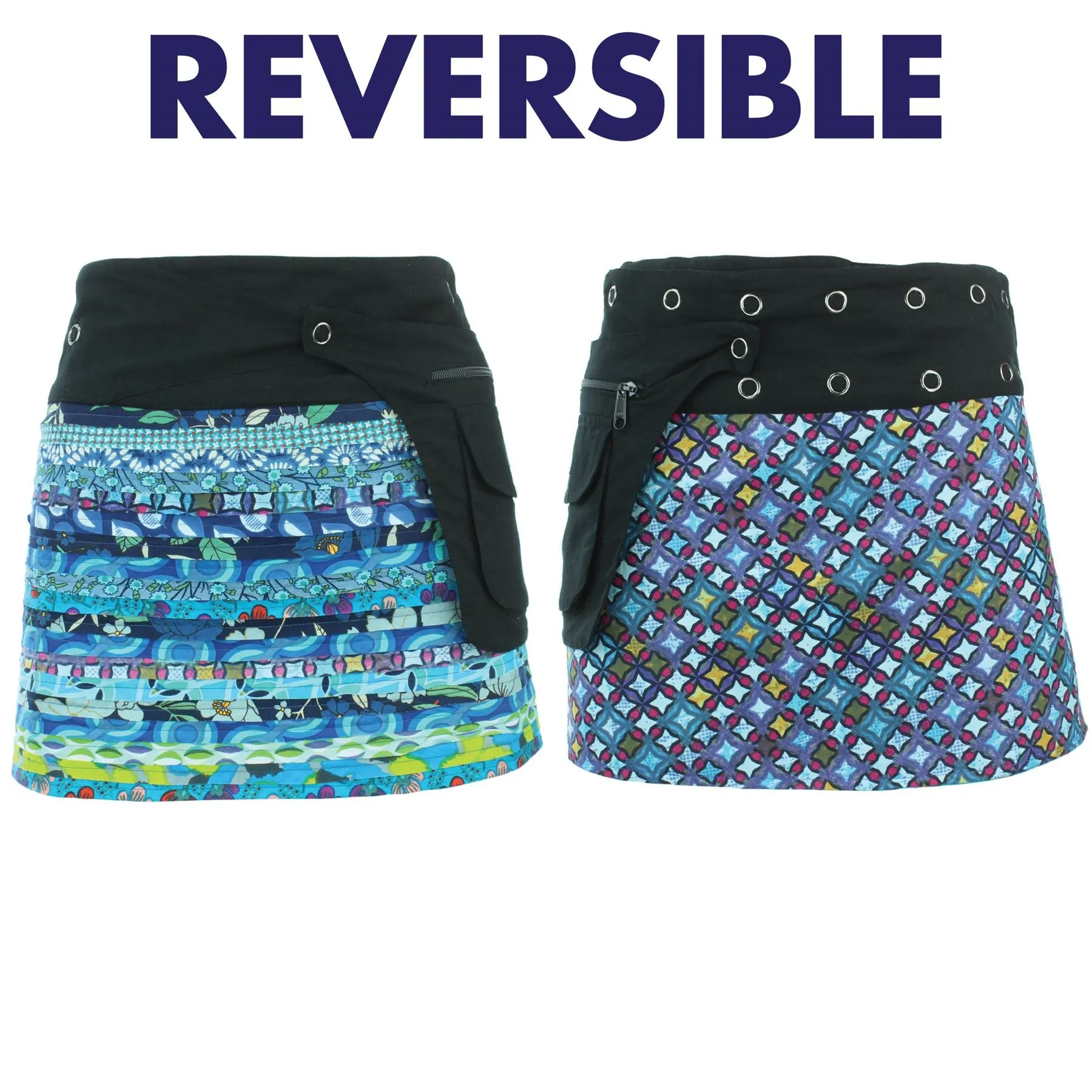 Reversible Popper Wrap Mini Skirt - Blue Patch Strips / Diamond Block