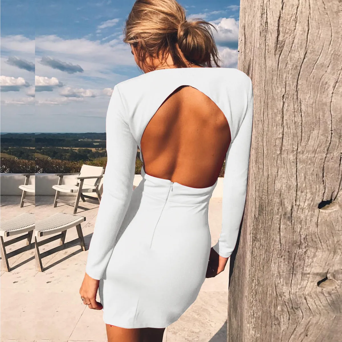 Sexy deep V open back autumn and winter new bag Bodycon dress