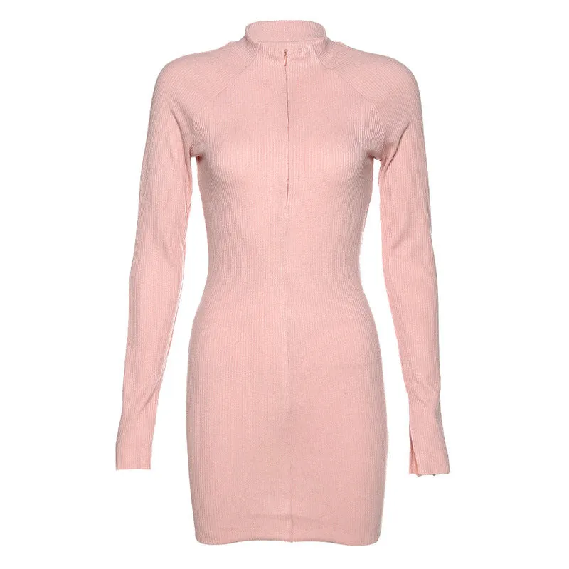 Sexy long-sleeved round neck zipper slim bodycon dress