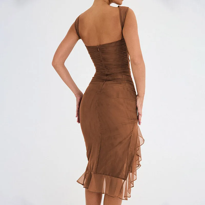 Sexy Mesh Ruched Crew Neck Sleeveless Bodycon Ruffle Cocktail Midi Dress - Brown