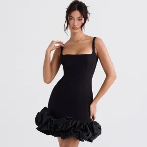 Sexy Ruffle Hem Square Neck Sleeveless Bodycon Party Mini Dress - Black