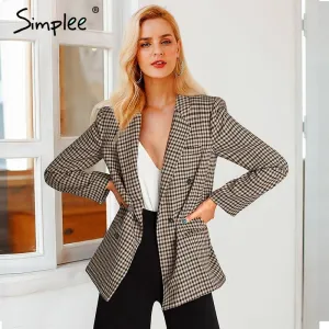 Simplee Fashion double breasted plaid blazer Long sleeve slim fit office ladies blazer 2018 Autumn jacket women blazers 2018