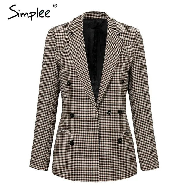 Simplee Fashion double breasted plaid blazer Long sleeve slim fit office ladies blazer 2018 Autumn jacket women blazers 2018