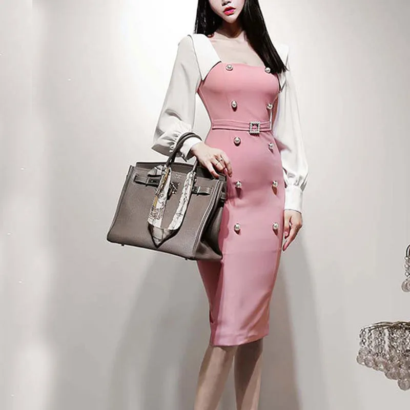 Square collar contrast color double breasted slim slimming mid-length bag hip dress