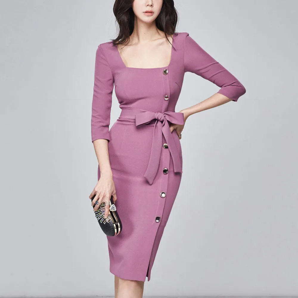 Temperament square collar single-breasted lace-up waist and thin three-quarter sleeves hip skirt