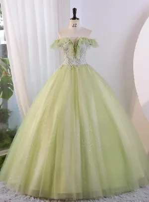 Vintage Green Tulle Sequins Off the Shoulder Quinceanera Dress