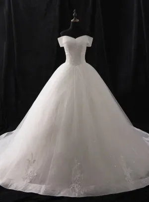 White Ball Gown Tulle Off The Shoulder Appliques Wedding Dress