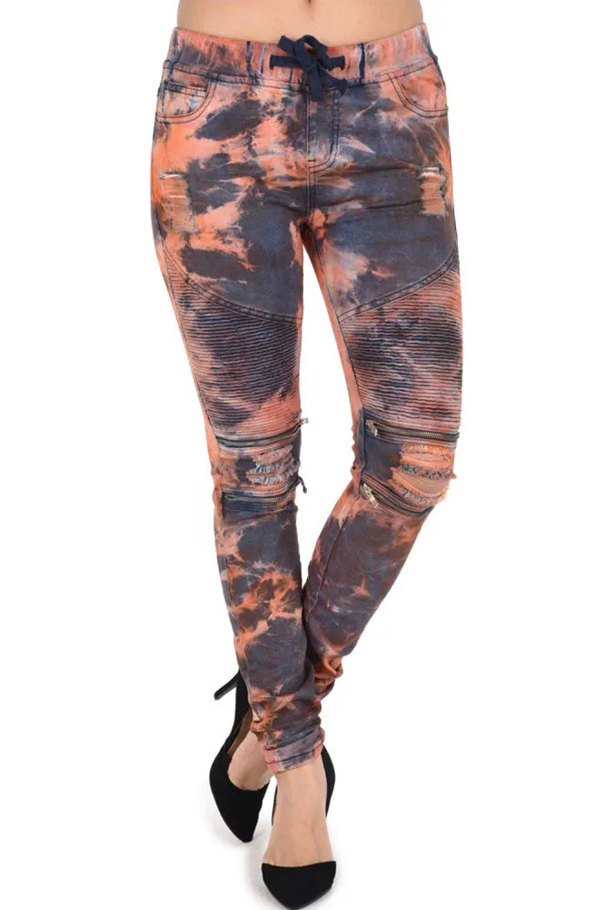 Women's Color Bleached Ripped Zipped Biker Joggers