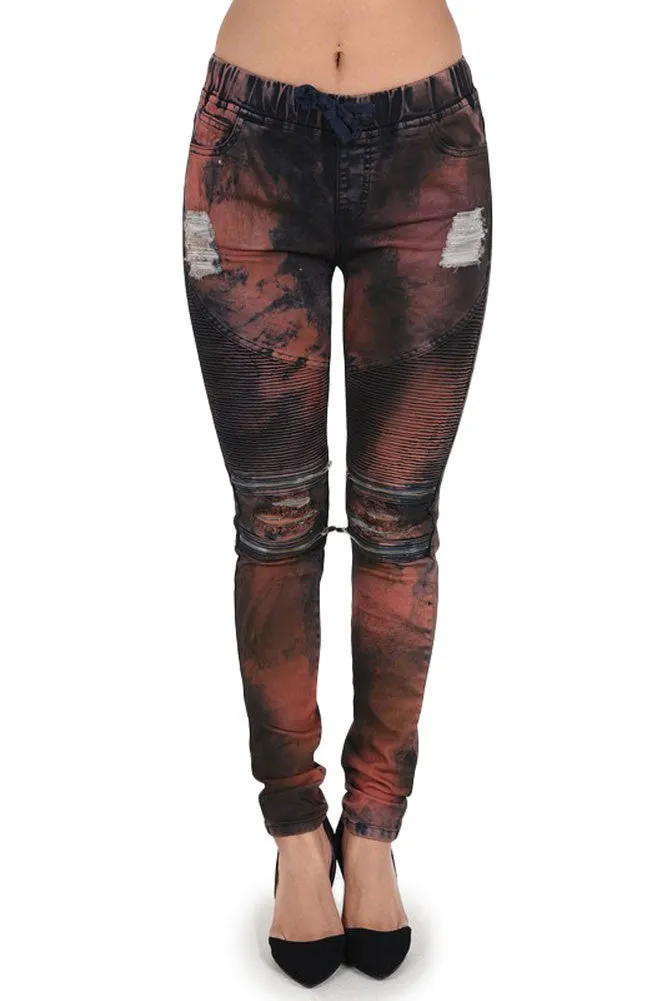 Women's Color Bleached Ripped Zipped Biker Joggers