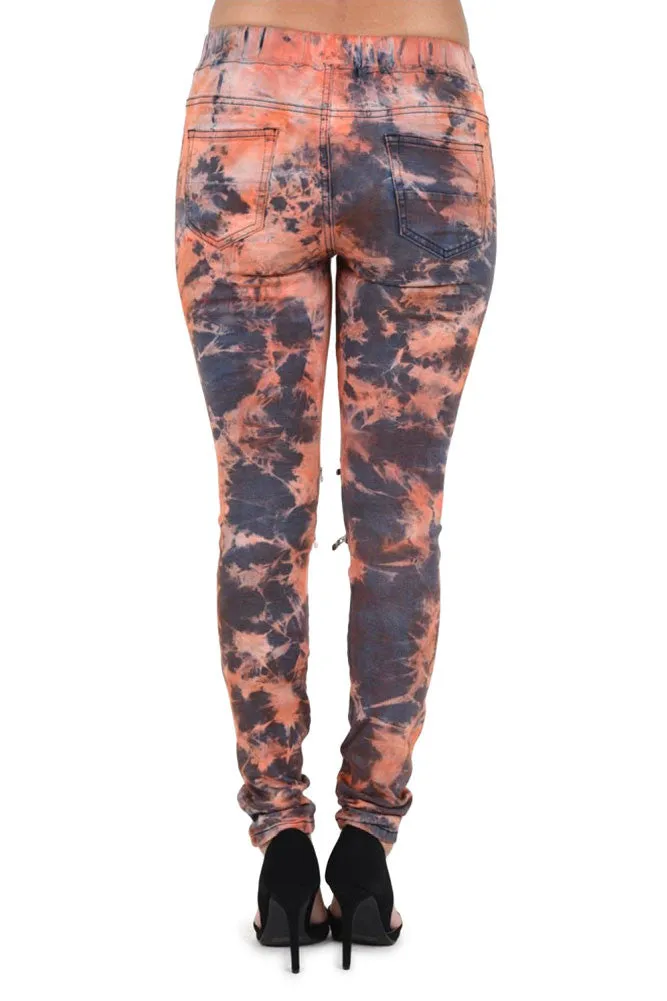 Women's Color Bleached Ripped Zipped Biker Joggers