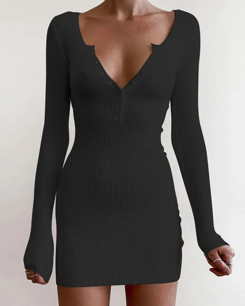 Women's fashion casual solid color sexy deep V-neck bodycon mini dress