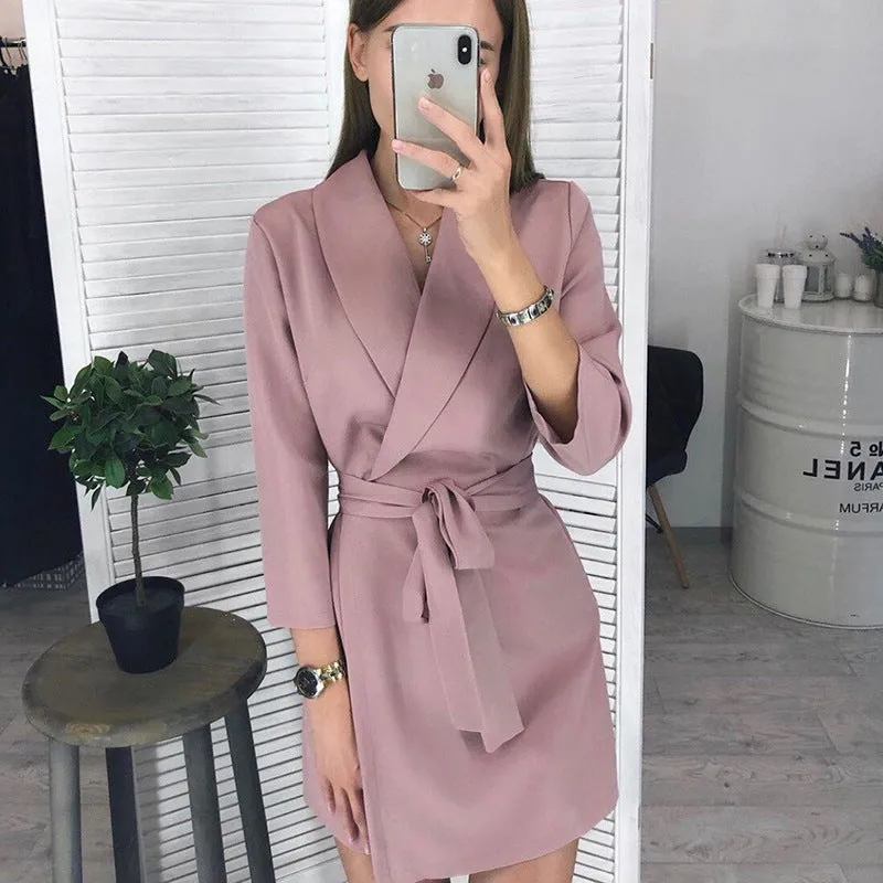 Women's long-sleeved solid color suit collar fashion belt temperament bodycon dress