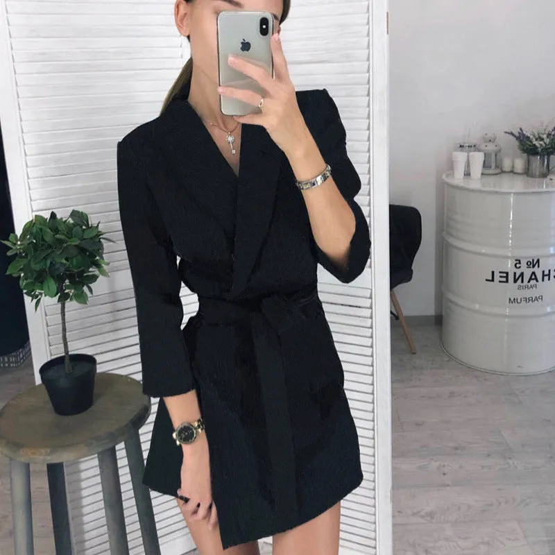 Women's long-sleeved solid color suit collar fashion belt temperament bodycon dress