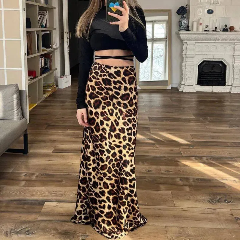 YESMYTOOL  -   Leopard Print Skirts For Women 2024 Vintage Midi Long Skirt Woman Clothing Y2k Streetwear Loose Female Summer Skirts